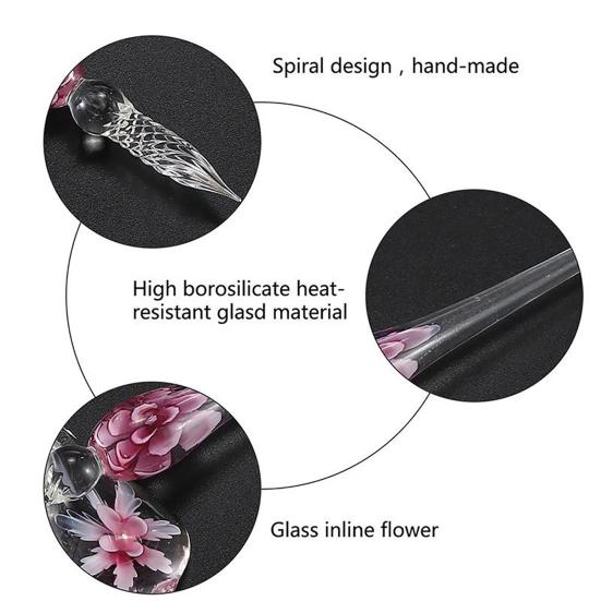 1 Set Transparent Dip Pen with Inside Flower Glass Writing Pen Faux Crystal Ink Dip Pen Gift for Student