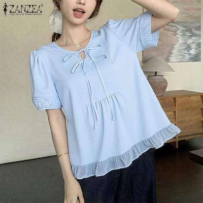 Camicetta estiva casual da donna con scollo rotondo e maniche corte