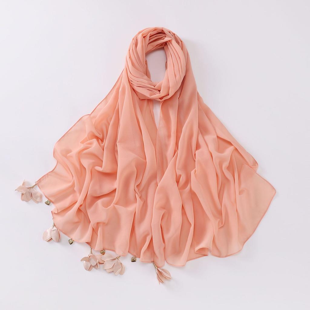 Handmade Alloy Love Flower Chiffon Hijab Beads Scarves Plain Shawls Women Sunscreen Headscarf Head Wrap Hijabs Ramadan Turban