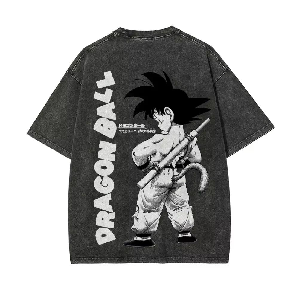 Summer Dragon Ball Oversized Tshirt High Quality Cotton Kid Goku Vintage Washed Back Print Unisex Casual Tee Streetwear