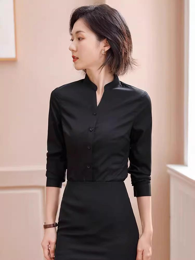 Women's Black Slim-Fit Professional Long-Sleeve Stand-Up Collar Shirt - New 2026 Business Formal Wear