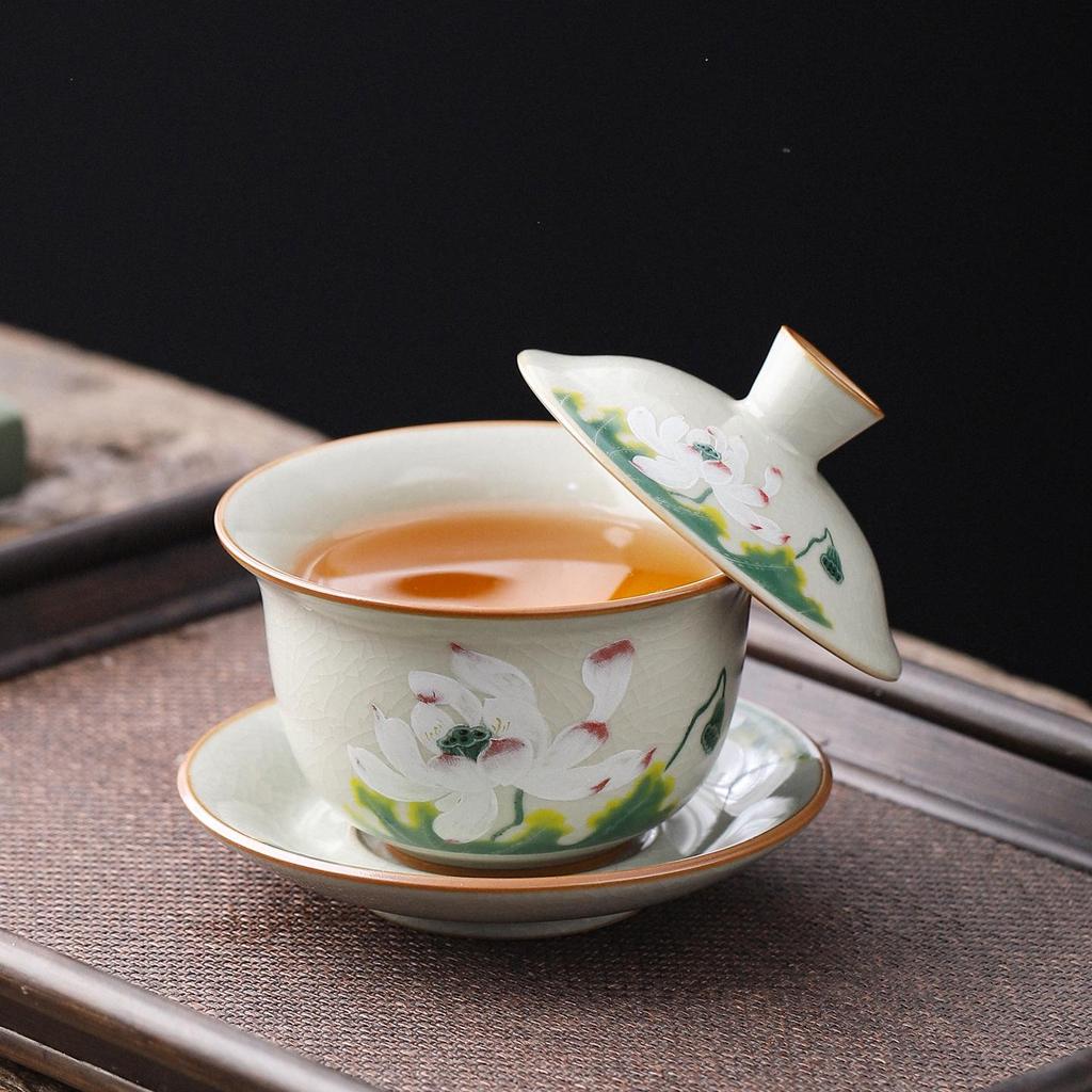 Dunhuang Ru Kiln Crackle Pattern Tea Bowl with Lid - High-End Kung Fu Tea Set, Large Brewer.