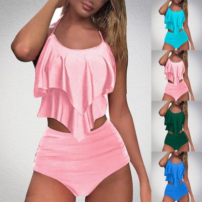 Women's Ruffle Solid Color Sexy Split Bikini With Bra Pad No Steel Bra Swimsuit