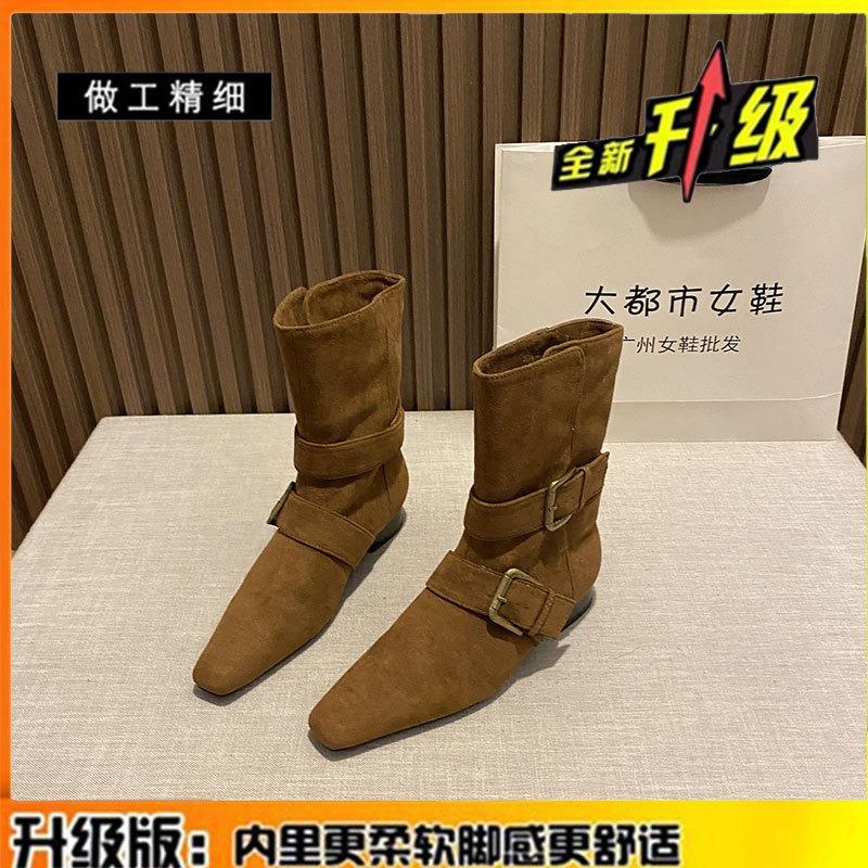 Sheepskin version! Short boots women's autumn and winter new belt buckle retro versatile small square head bare boots