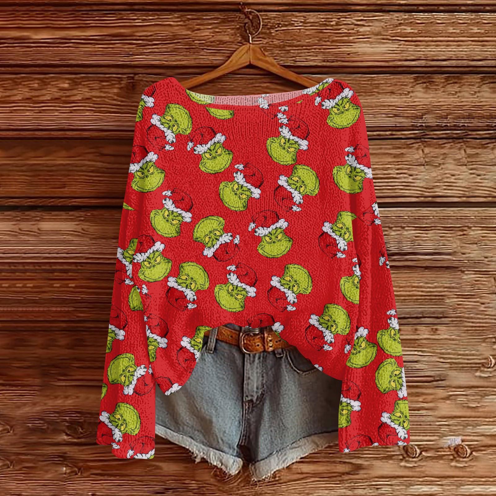 

Womens Fall Sweaters Long Sleeve Print Tops Pullover Sweaters Loose Dressy Casual Basic Clothes L красный