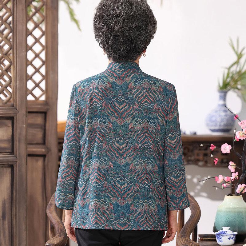 Women's Mid-Aged Long-Sleeve Chinese Style Cardigan Shirt