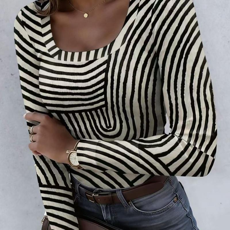 2026 Spring/Summer New Striped Long-Sleeve Top U-Neck Fashion Trend Slim-Fit Women's Clothing