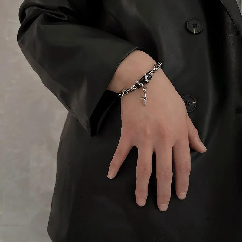 Retro Black Zircon Star Bracelet For Men Women Gifts Trend Titanium Steel Chain New Unisex Goth Jewelry Couple Accessories