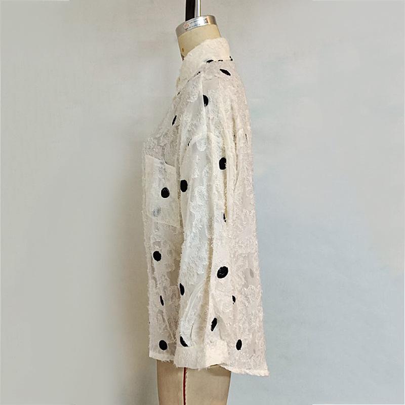 Women's Polka Dot Lapel Mesh Mesh Loose Single Breasted Long Sleeve Shirt