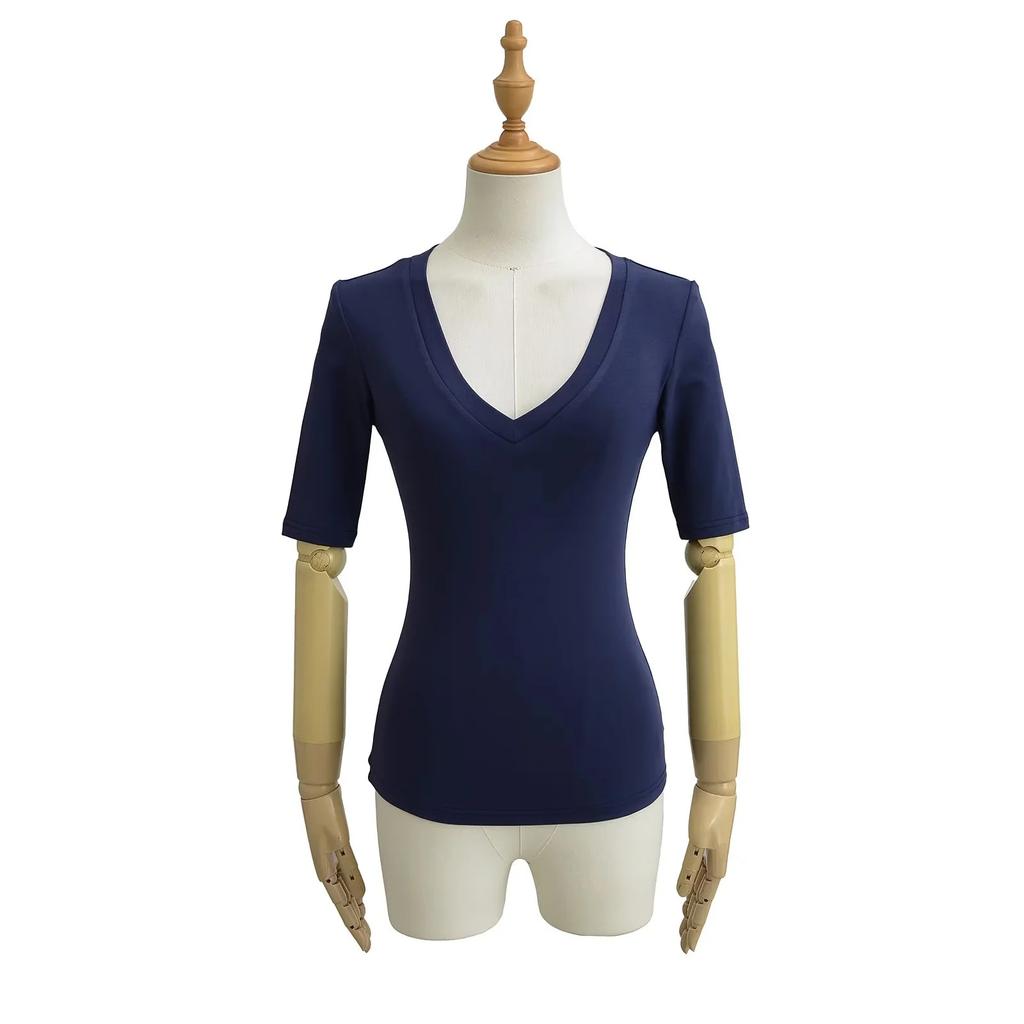 Damen V-Ausschnitt Halbarm T-Shirt Slim Fit Einfarbig Basic Lässig Crop Top