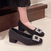 Block Heel Single Shoes Women's Square Toe Suede Crystal Buckle Anti-slip Wear-resistant Kitten Heels