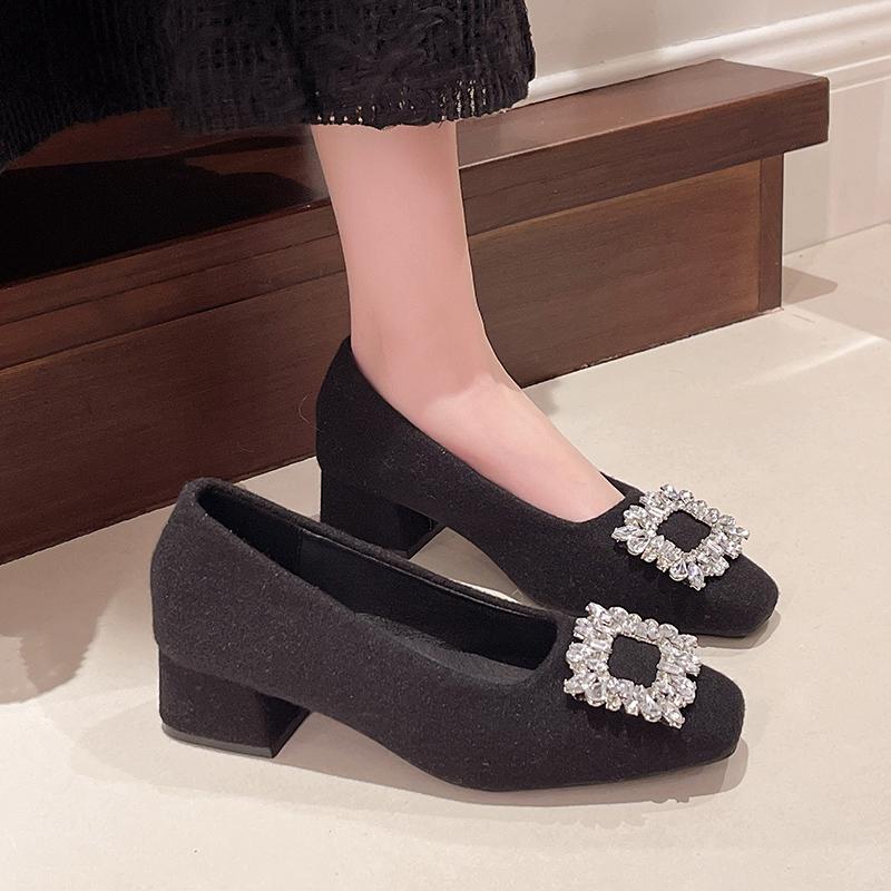Block Heel Single Shoes Women's Square Toe Suede Crystal Buckle Anti-slip Wear-resistant Kitten Heels