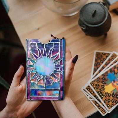 Stained Glass Tarot Deck Case Mystical Sun And Moon Tarot Card Holder Handcrafted Tarot Storage Protector for Standard Size Playing Cards