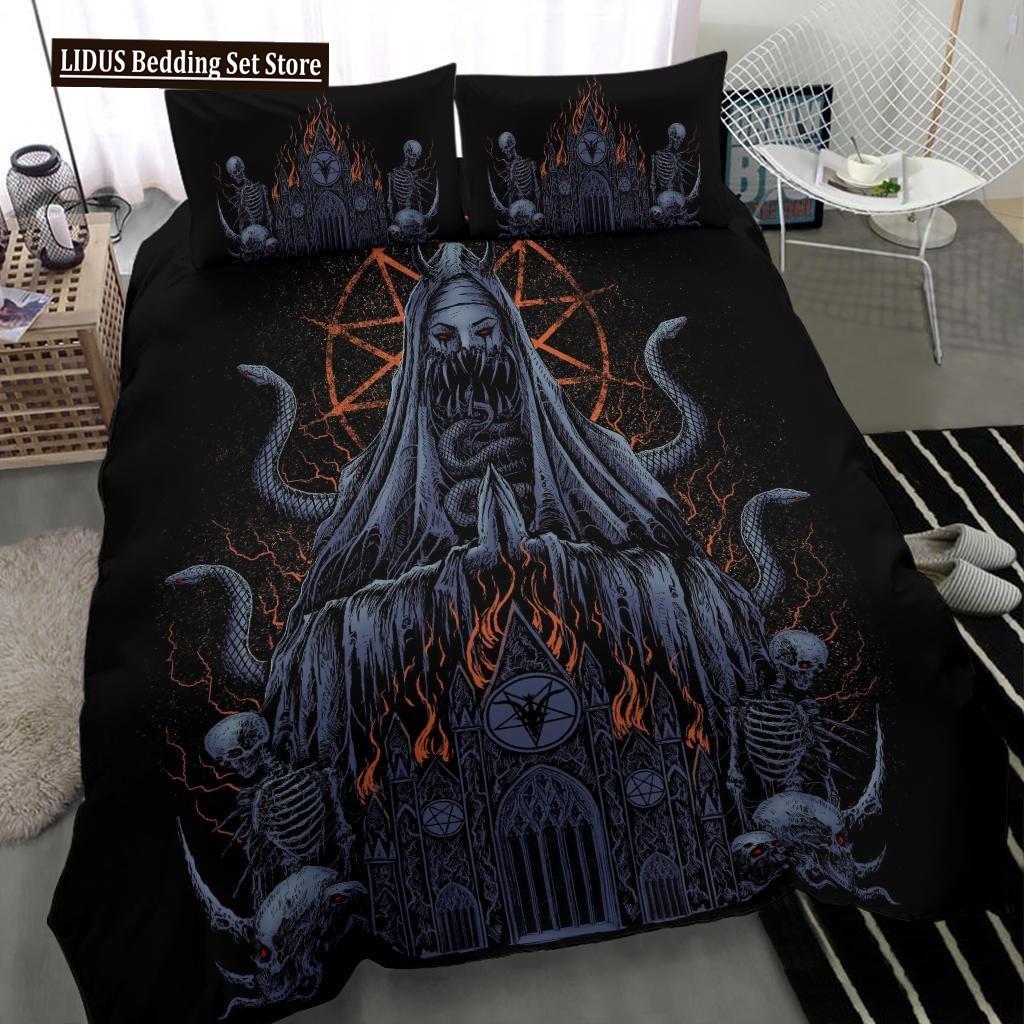 Skull Skeleton Satanic Goat Skull Duvet Cover Set Trophy Demon Breed Bedding Sets Night Blue Pink Satanic Baphomet Quilt Cover