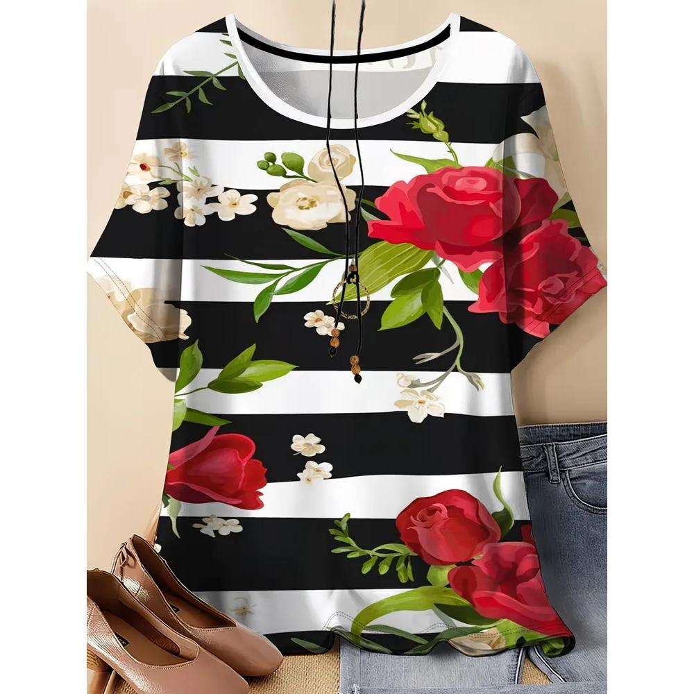 Women's Flower Print Versatile Top Casual Short Sleeve Loose Comfortable T-Shirts Women’s