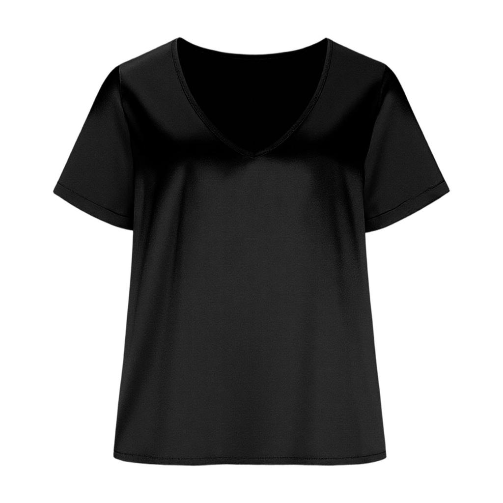 Women's Fashionable Casual Satin V-Neck Short-Sleeve Loose-Fit T-Shirt