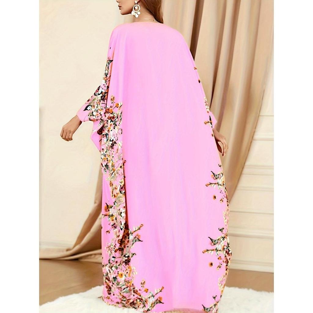 Caftano con stampa floreale Ramadan, scollo rotondo, elegante abito lungo con spacco e maniche a pipistrello, abbigliamento da donna