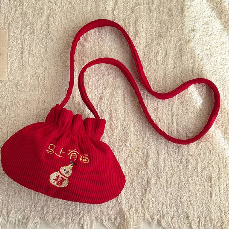 Cotton Kids Red Lucky Bag With Embroidered Design For Childrens Daily Use