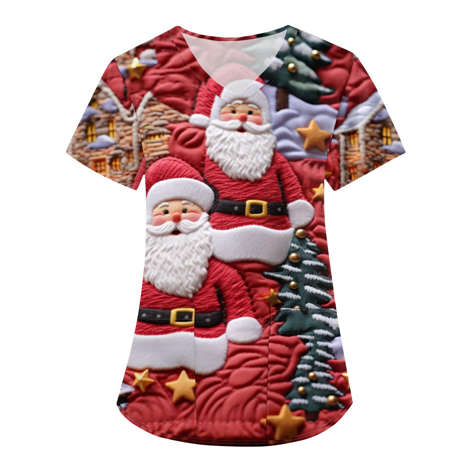 

Женская свободная униформа с V-образным вырезом, короткими рукавами и рождественским принтом S