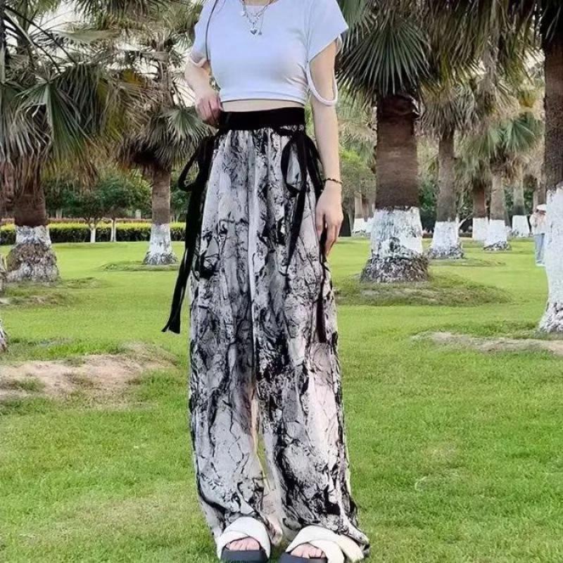 Ink-wash Painting Printed High-waisted Wide-leg Pants for Women, Summer Thin Chiffon Ribbon Loose Casual Floor-length Pants