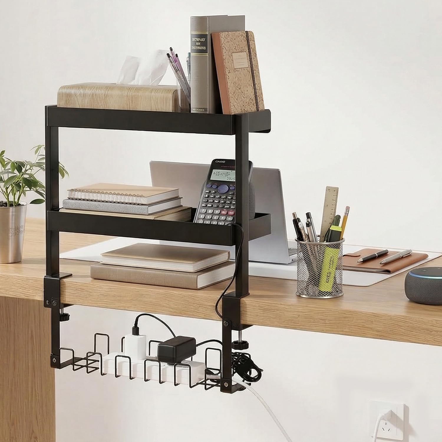 

Desk Storage Rack No Drilling Required Includes Cable Tray Desk Stand Adjustable Shelves Easy Assembly Cable Management Office Use - - - Clamp-Mounted чёрный