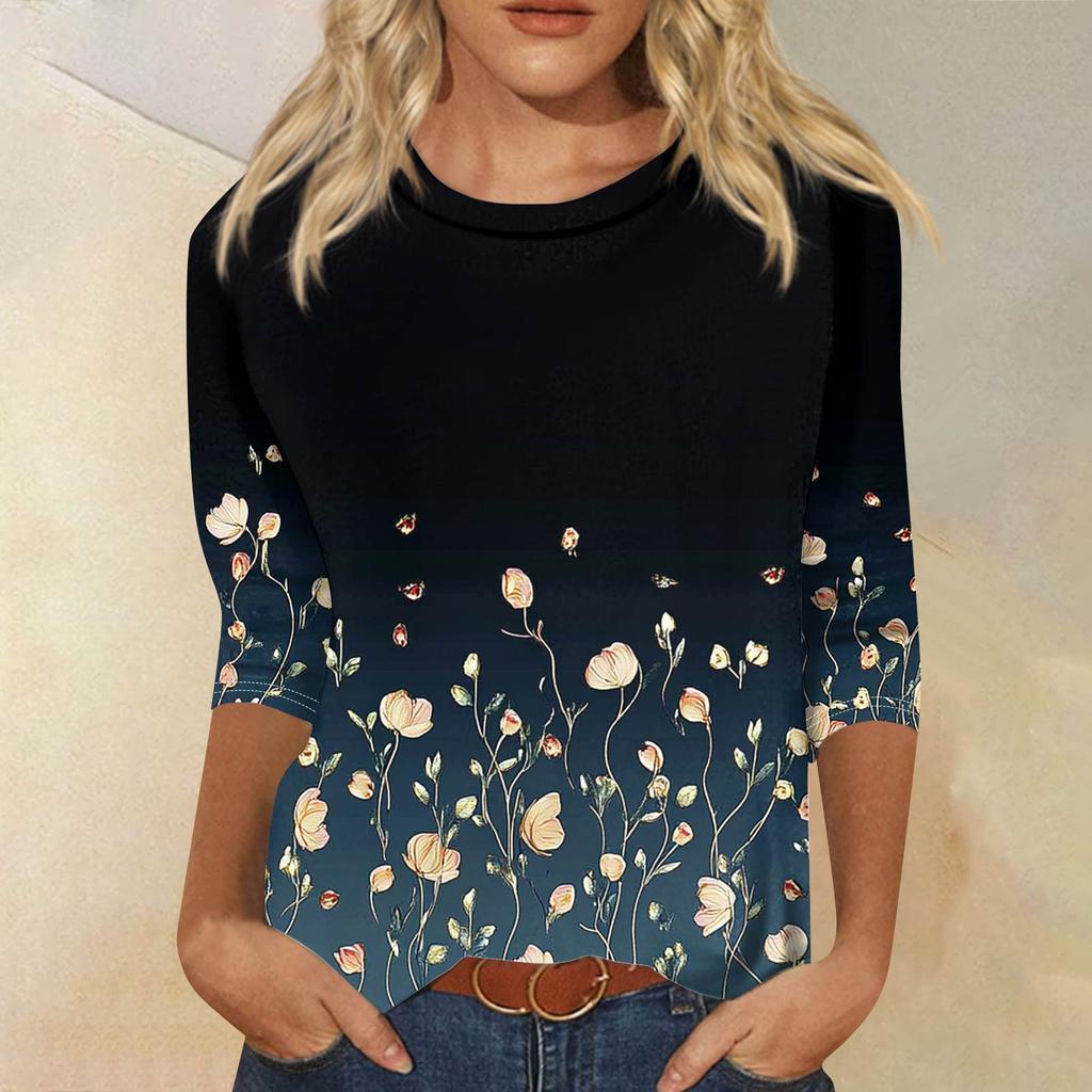 Women's Fashion Casual Seven Sleeve Printed Round Neck T-Shirt Top