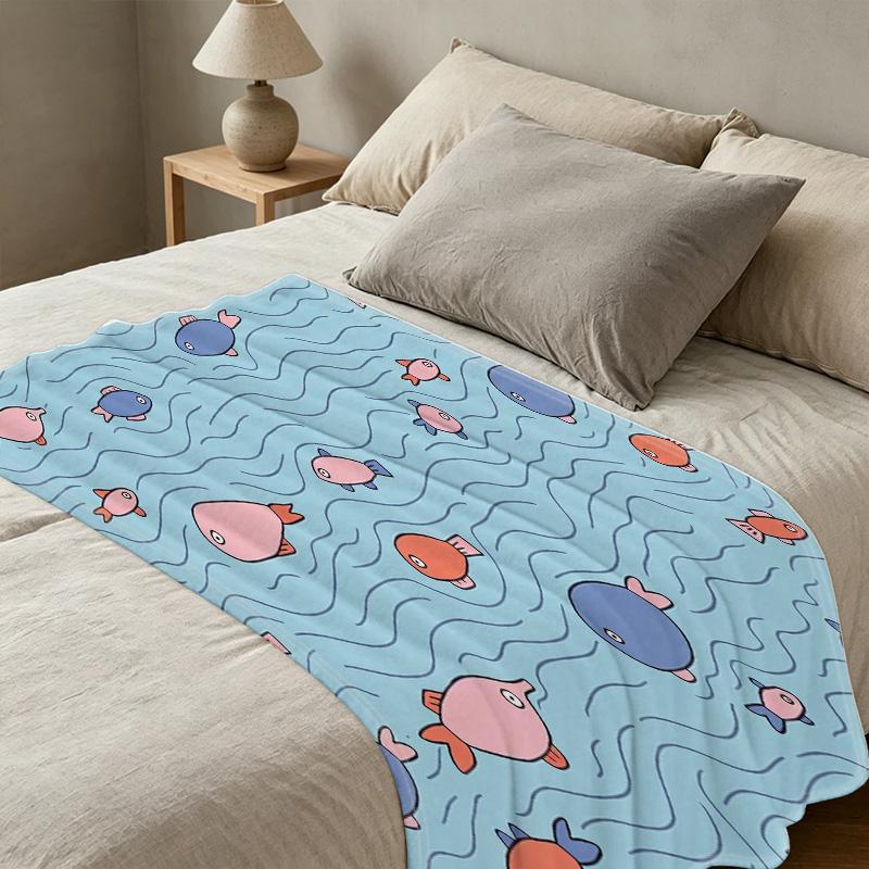 Thick Warm Cartoon Fish Flannel Blanket - Soft Plush Single for Home, Sofa Naps, Guest Room, Halloween & Christmas
