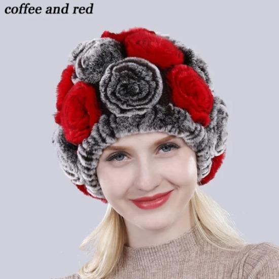 New Arrival Flowers Real Fur Hats Winter Russian Women Natural Rex Rabbit Fur Caps Lady Genuine Rex Rabbit Fur Beanies Cap