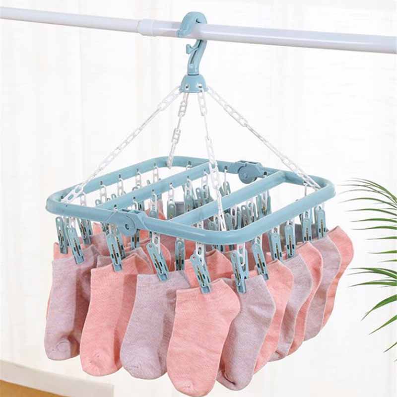 32 Clips Folding Clothes Hanger Dryer Windproof Pants Socks Underwear Plastic Drying Laundry Rack Home Household Accessory