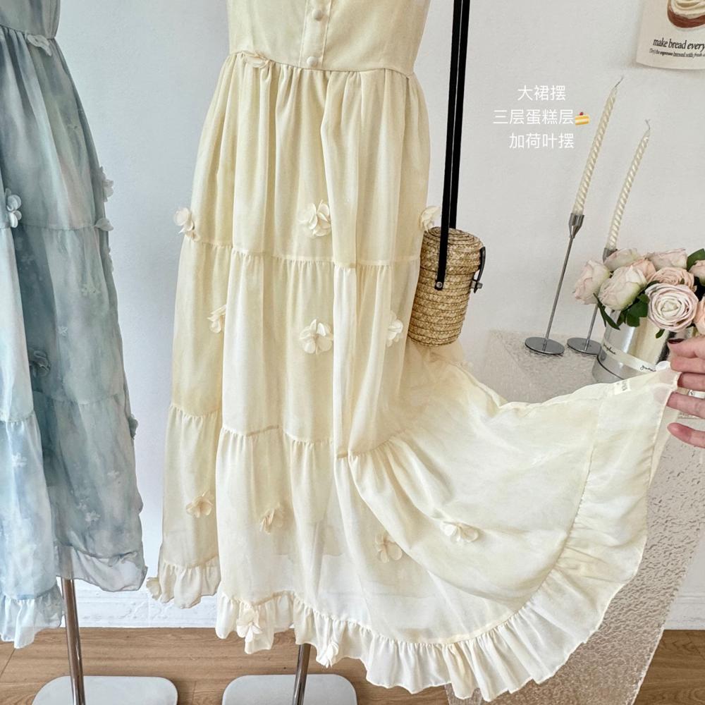 Blue Square Neck Chiffon Printed Small Flying Sleeve Suspender Dress Women's Sweet Waist Thin Long Dress Dress