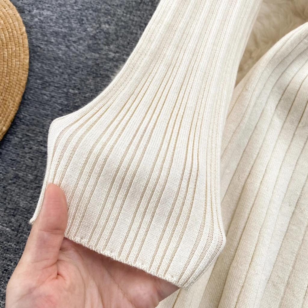 Strikket kjole Kvinner Høst og Vinter Ny High Sense Elegant midje Klem Slanking Temperament Lapel Genser Kjole