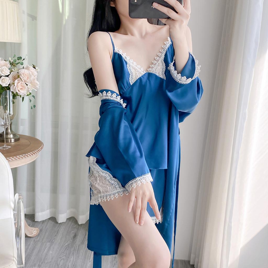 Women's Thin Sexy Ice Silk Pajamas Three-piece Spring and Summer Suspender Shorts Bathrobe Kimono with Chest Pad
