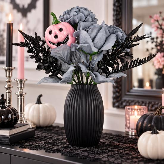 Decorative Silk Flowers for Showcases Halloween Artificial Flower Bouquet, Eucalyptus Floral Stems with Pumpkin Skull, Fake Reusable Dark Theme Party