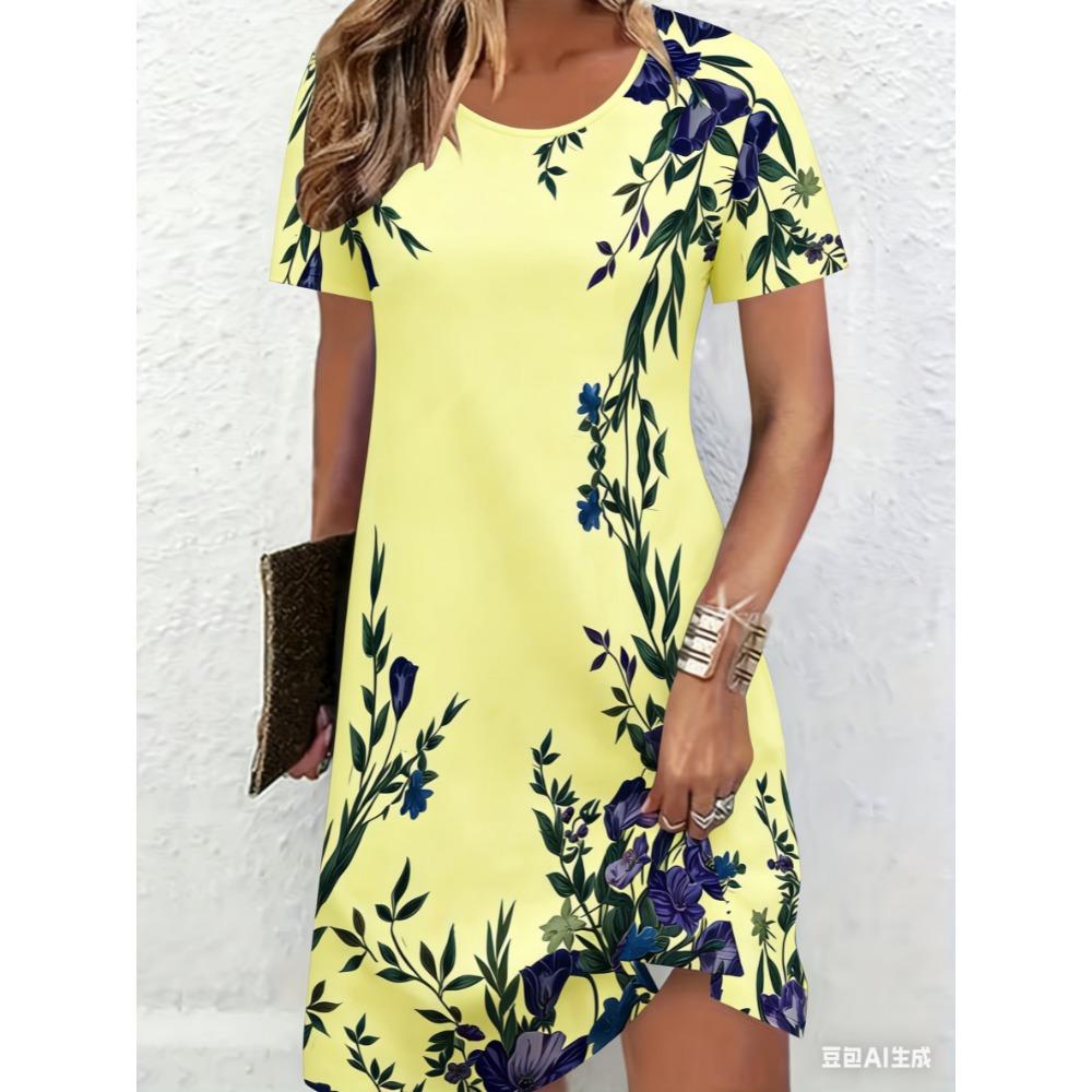 Women's Summer Short-sleeved Dress - Round-neck Floral Print Trendy Casual Versatile Dress - Women's Clothing