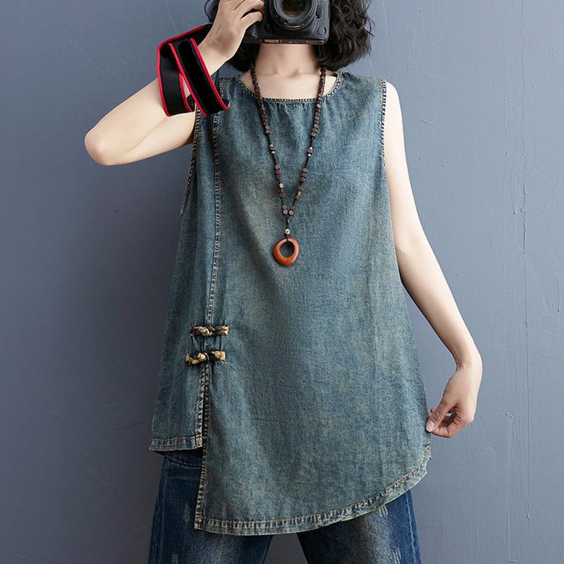 

Китайская Мода Летние Майки Без Рукавов Женские Свободные Повседневные Джинсовые Танки Женские Классические Винтажные S синий