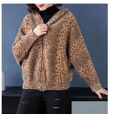 Women's Warm Top Hooded Leopard Print Warm Jacket Plus Size Zipper Jacket