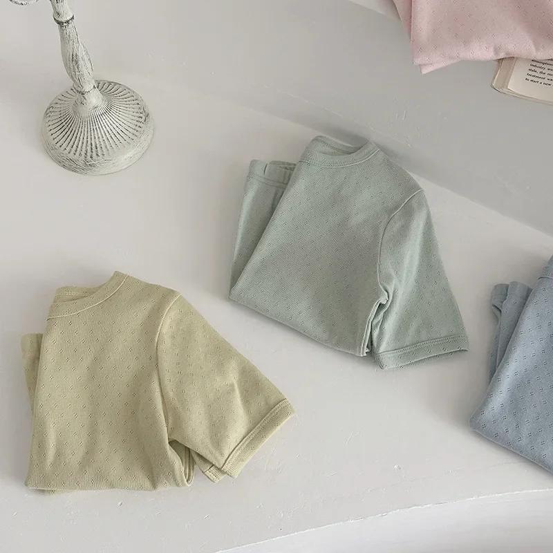 2025 Summer Kids' Breathable Cotton Pajamas - Unisex Solid Color Home Set