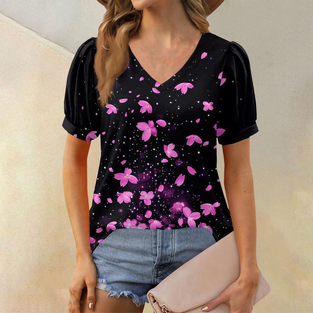 Dámská móda Květinový potisk Top Krátký balónkový rukáv Výstřih do V Volné ležérní tričko