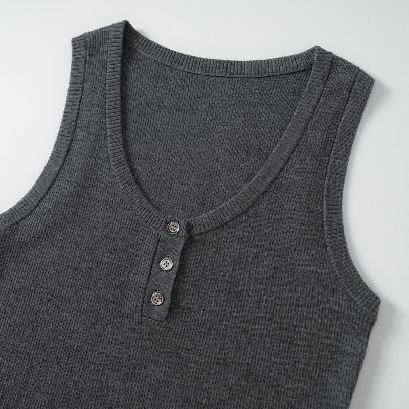 Early Autumn 100% Wool U-Neck Knit Vest: Three-Button, Waist-Cinched, Slim Fit Sleeveless.
