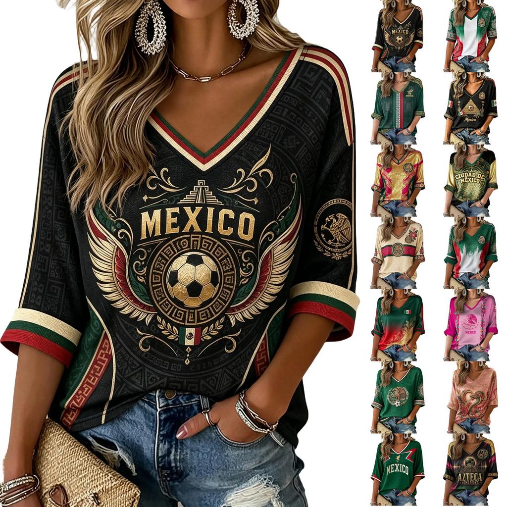 Women's V Neck Short Sleeve T Shirt Soccer Graphic Print Casual Loose Fit Top for Summer and Everyday Wear