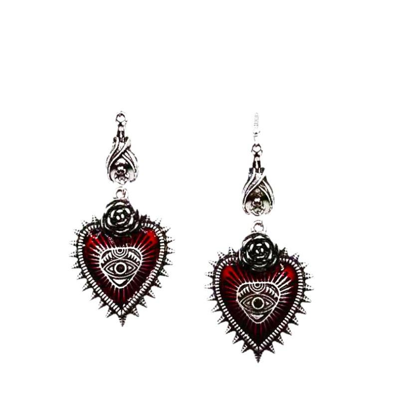 Dual Heart Rose Gothic Punk Earrings with Demon Eye and Bat Design