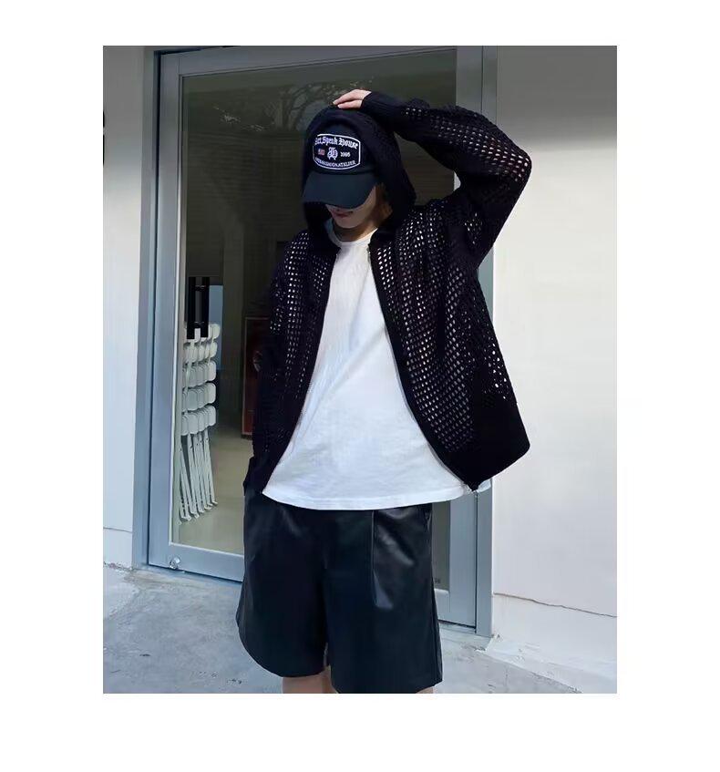 Men's High-Grade Hooded Cardigan - Lightweight Knitted Sweater, Sun-Protective, Hollow Design for Couples.