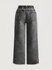 Women's Retro Smoke Gray Distressed Slimming Jeans with Red Cherry Blossom Embroidery