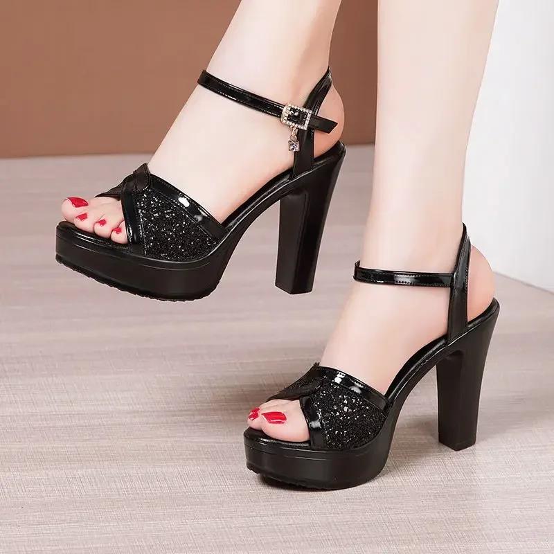 Small Size 32-43 White Red Bling Wedding Shoes Woman Block High Heels Sandals 2025 Summer Women's Platform Sandals Office Model