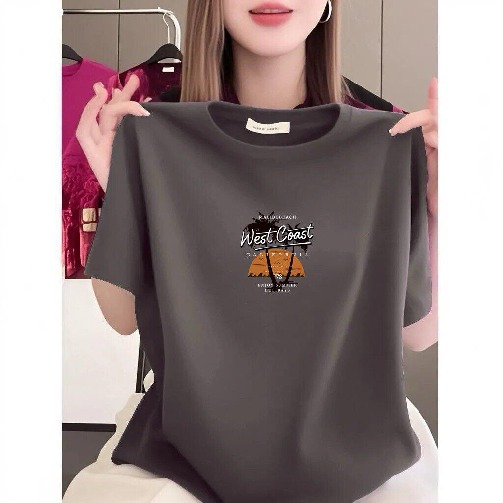 Women's Round Neck Printed Loose-Fit Short-Sleeve T-shirt - Stylish, Casual, and Age-Reducing