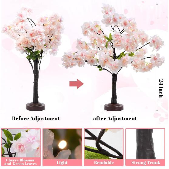 24IN Cherry Blossom Tree Light, 36 LED Lights Tabletop Tree with Timer Pink Flower Tree Lamp with USB Plug or Battery Operated for Home Wedding Party