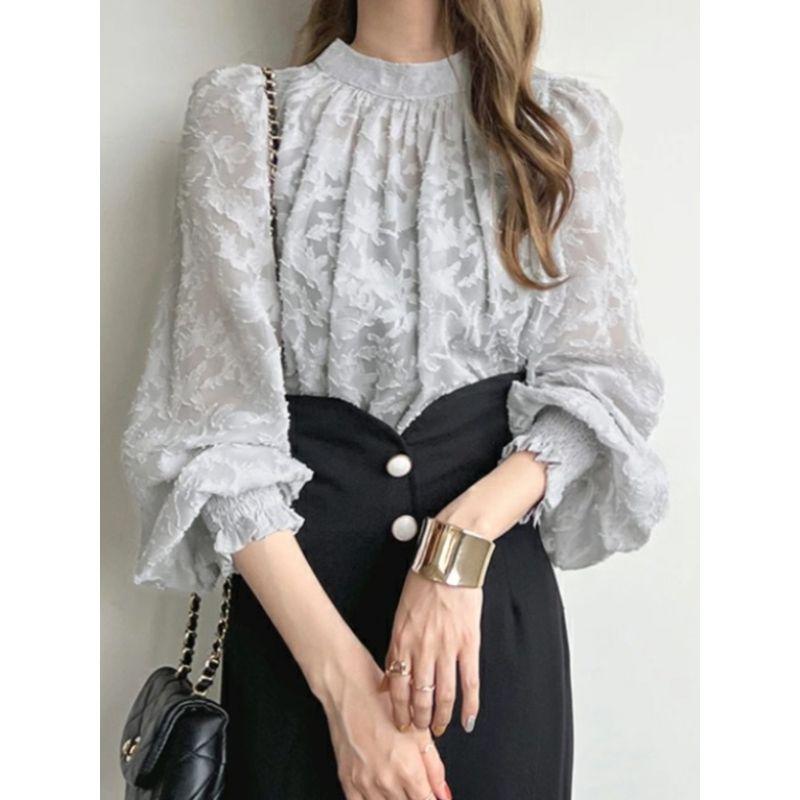 Fall Standing Collar Plus Size Loose Work Clothing Bubble Long Sleeve Chiffon Shirt Lace Tops Sun Protection Clothing Air Conditioning Shirt for Women