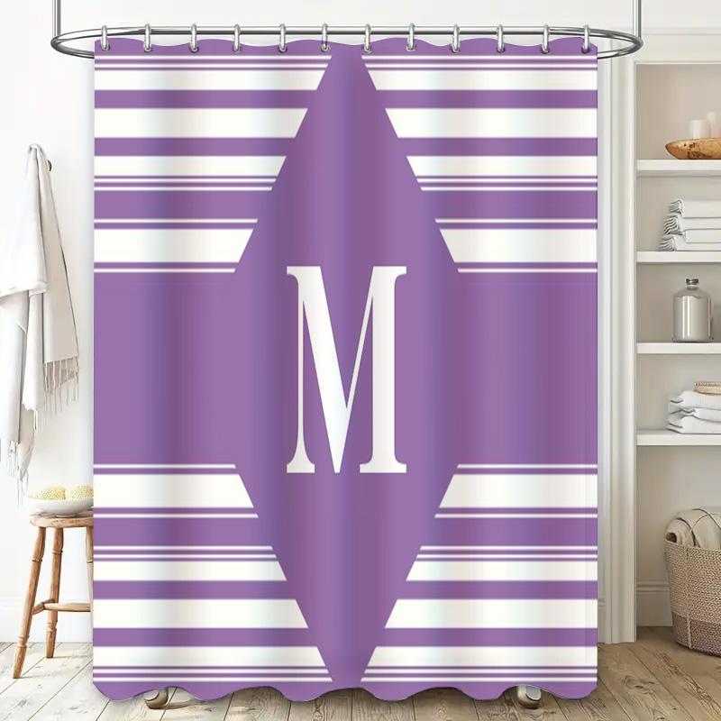 Modern Bath Shower Curtain with Stripes Personalization: Lavender M Purple White Bathroom Decor Monogram Initials Letter Print C
