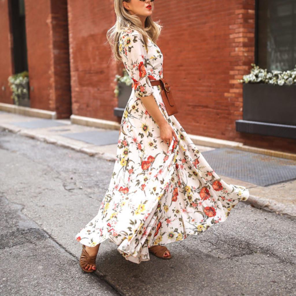 Abito Maxi Vintage a Fiori Stampa Floreale Primavera Moda Donna da Ufficio Elegante Manica Lunga Girocollo Abiti da Donna
