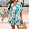 European and American Beach Graffiti Print Open-sleeved Short-sleeved Shirt Casual Vacation Style Elastic Waist Strap Shorts Set